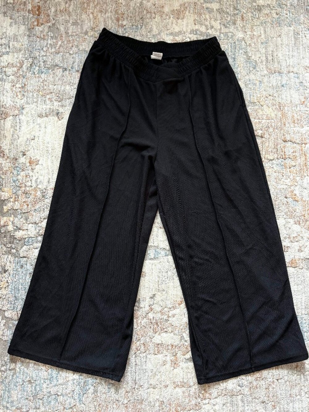 SHEIN Curve 2XL Black Waffle Knit Wide Leg Tie Waist Pants